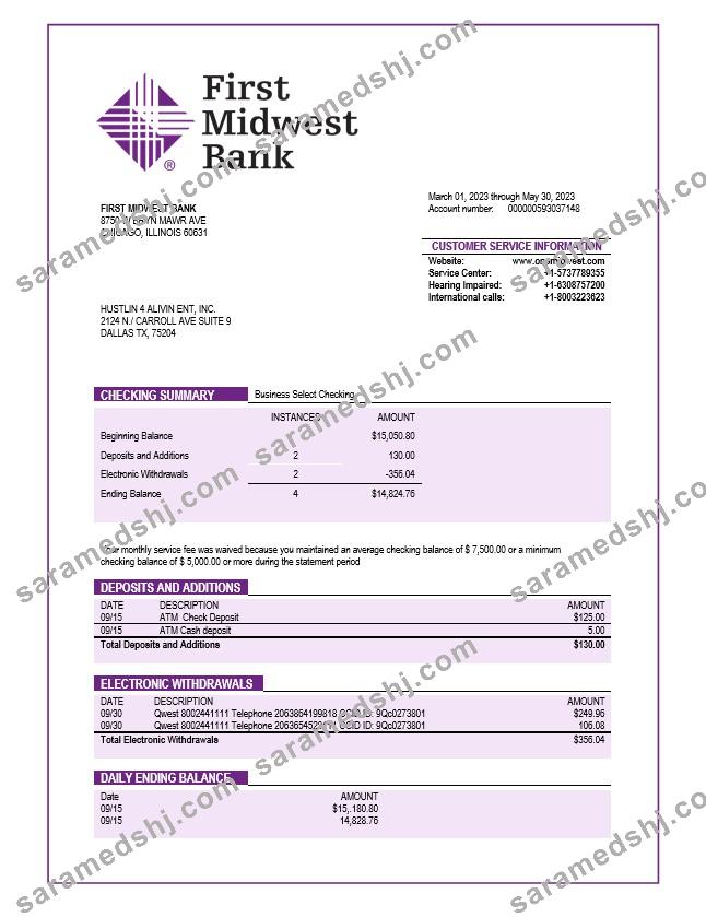 First Midwest Bank company account statement Word and PDF template